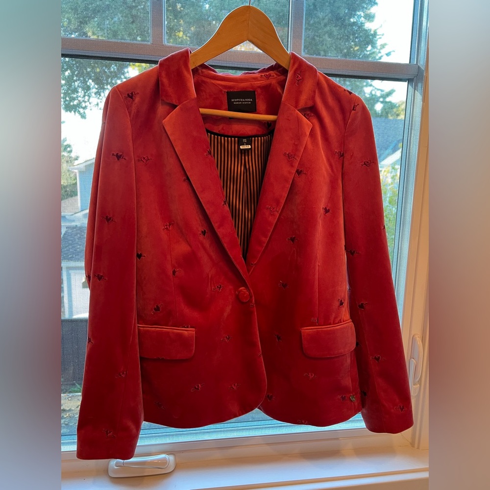 SCOTCH & SODA Women's S Blazer Jacket Velvet Club Voyage Embroidered Hearts